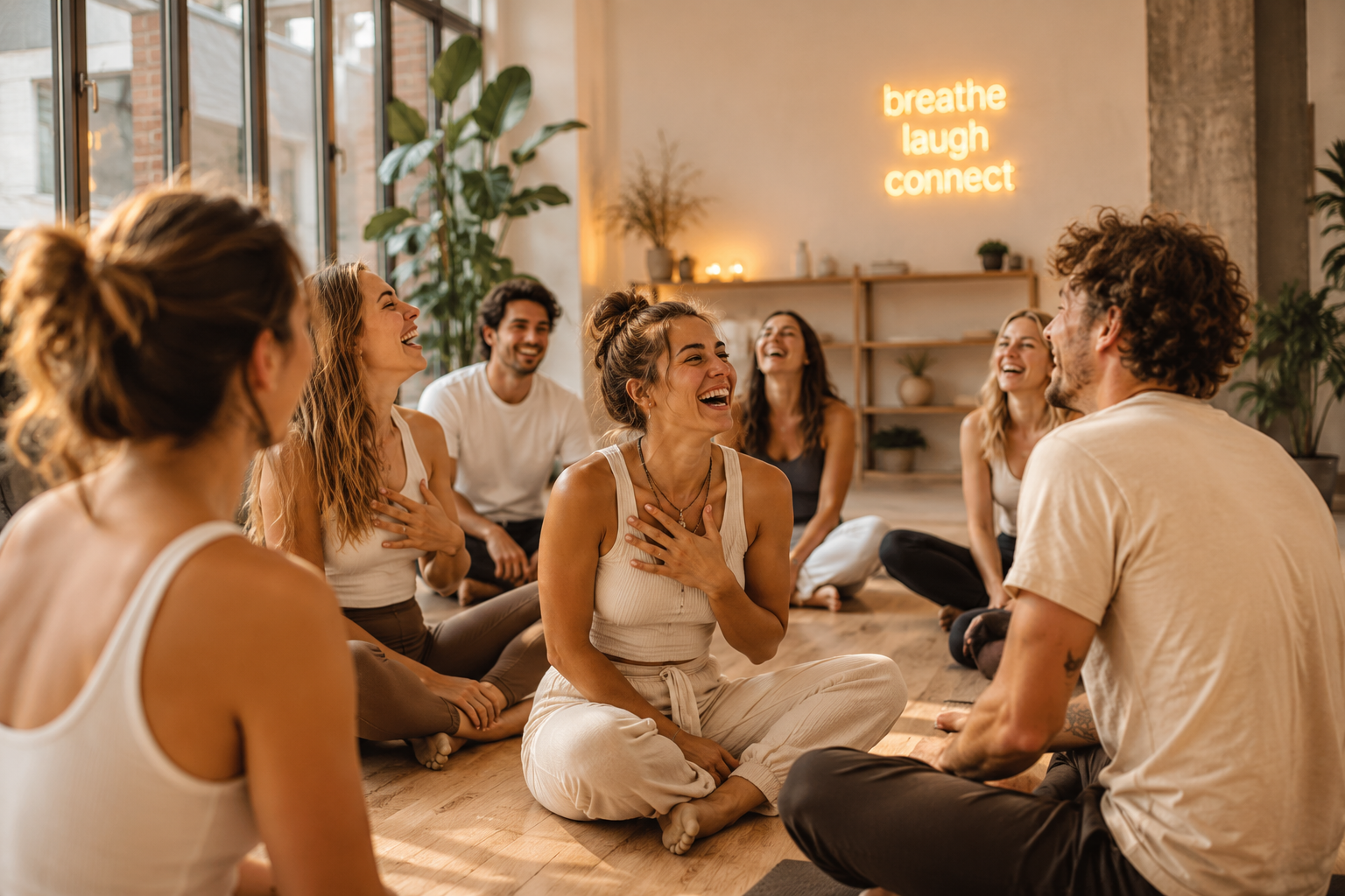 Menschen lachen gemeinsam in einem hellen Workshopraum